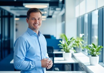 Portrait of a smiling man in a light blue buttonup shirt in an office