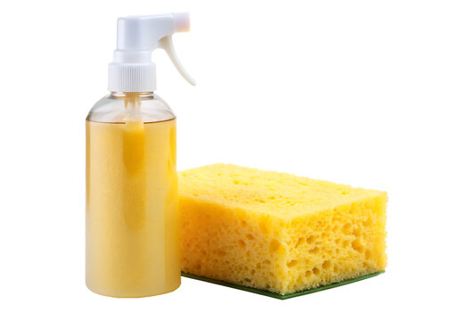 ottle of spray and a yellow sponge on white background PNG.AI Generated.
