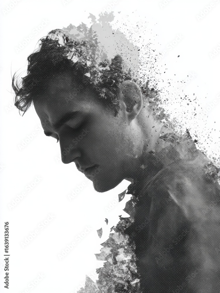 Poster layers of transparent facial features merging into clarity with floating particles in an abstract di