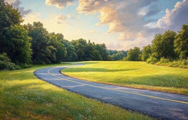 Naklejka premium Curving paved pathway through lush green meadow bordered by dense trees under a partly cloudy sky during golden hour