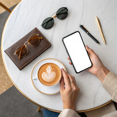 Flat Lay of Hands Holding Smartphone with Blank Screen at Café Table with Coffee, Sunglasses, and Accessories – Mockup Scene

