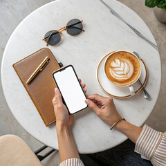Top View of Woman Holding Smartphone with Blank Screen at Café Table with Coffee and Accessories – Mockup Scene

