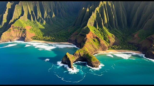 Breathtaking Aerial Views of the Na Pali Coastline: A Verdant Paradise Where Mountains Meet the Azure Ocean Depths