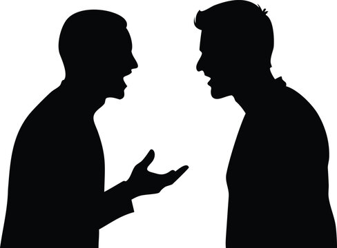 Silhouette of Two Men Arguing and Gesturing in Black and White Background