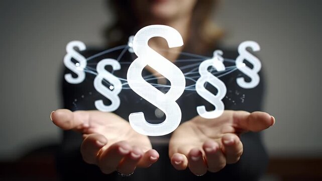 Abstract Paragraph Symbol Floating Above Woman's Open Hands in Soft Focus with Dark Background Representing Legal Concepts