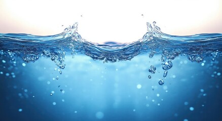 Close-up view of clear blue water surface with bubbles rising and gentle waves creating dynamic splash under bright lighting