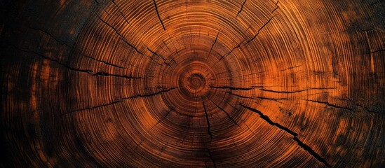 Close-up view of the cross-section of a tree trunk showing detailed tree rings and radial cracks with warm orange and brown hues