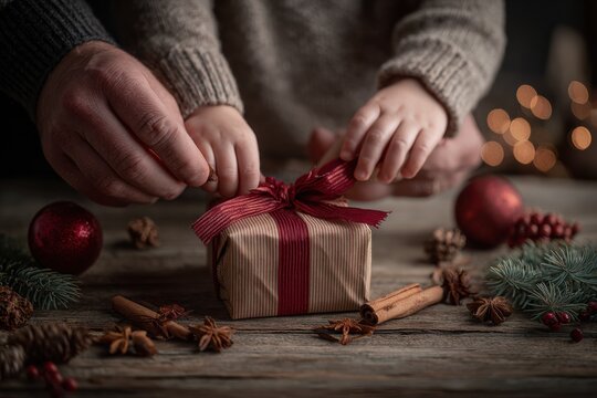 child and adult hands tying red ribbon on christmas gift box at rustic wooden table with pine branches, cinnamon sticks, berries, and warm holiday decor, concept of festive bakery - Powered by Adobe
