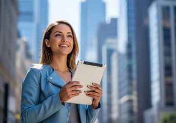 Fototapeta premium Smiling woman holding tablet with city buildings in background