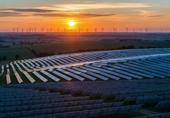 Obraz premium Solar farm and wind turbines at sunset