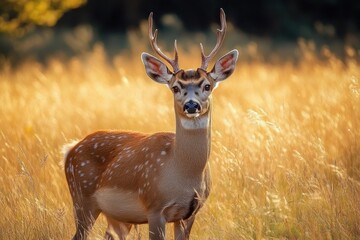 Young spotted deer with antlers standing calmly in a golden sunlit grassy field during late afternoon