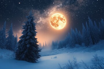 Naklejka premium Bright full moon glowing over a snowy forest landscape with tall pine trees under a starry night sky and a faint mist hovering above the snow