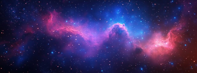 Vibrant cosmic nebula with colorful gas clouds in shades of pink, purple, and blue surrounded by numerous bright stars against the dark expanse of space