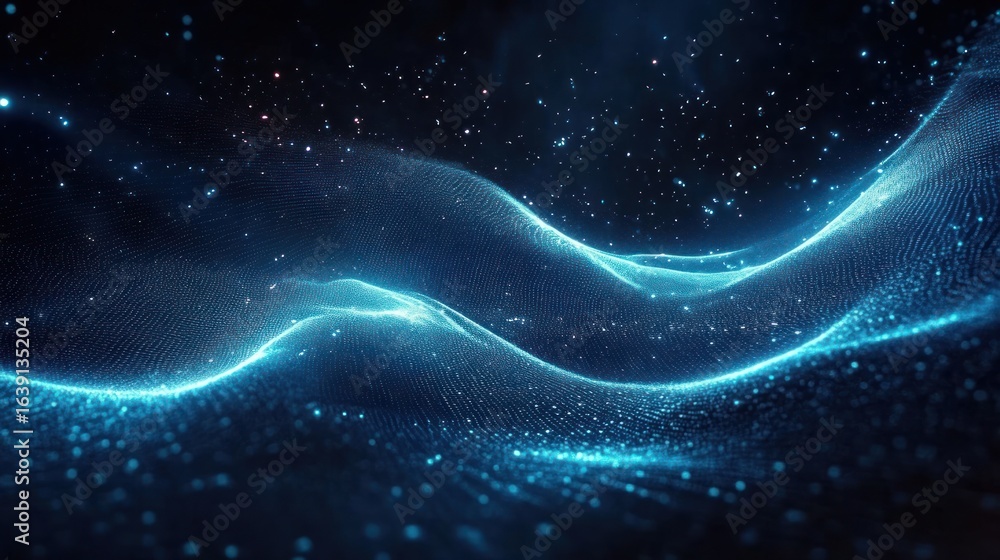 Poster abstract glowing blue wave-like structures composed of small particles and dots with a dark starry b