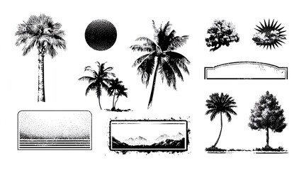 Palm Trees Sun Mountains Tropical Summer Vacation Design Elements