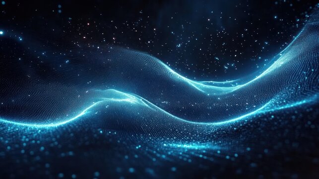 Abstract glowing blue wave-like structures composed of small particles and dots with a dark starry background emitting a futuristic and serene atmosphere