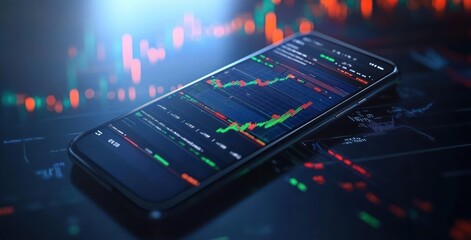 Smartphone displaying dynamic financial stock market graphs with red and green candlesticks on a reflective surface and blurred charts in the background, conveying active trading atmosphere