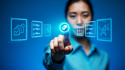 Woman interacts with glowing digital checklist icons touching screen