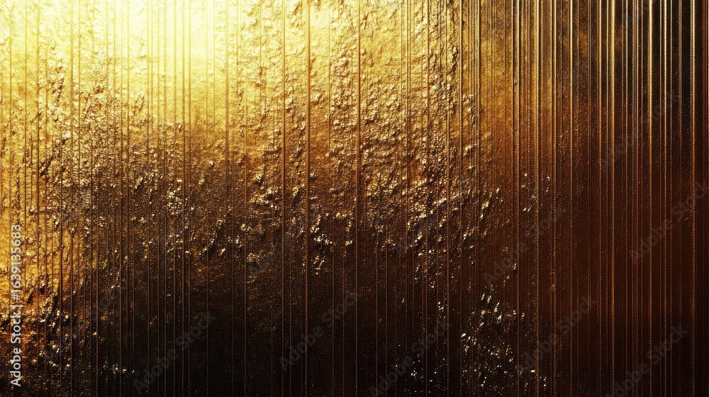 Poster close-up of a textured golden surface with vertical ridges and irregular patterns reflecting light