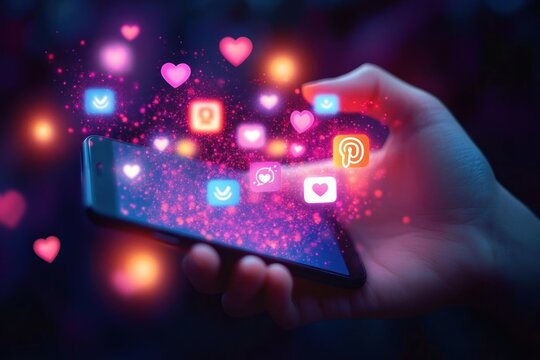 Hand holding smartphone with glowing colorful social media icons and heart shapes floating above the screen in a dark environment, conveying digital connection and engagement