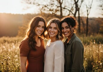 Fototapeta premium Three women smiling in a field at sunset