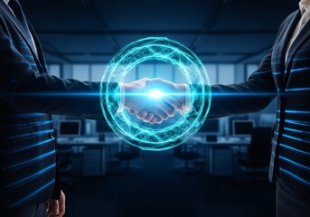 Two business people shaking hands framed by a glowing blue digital circle