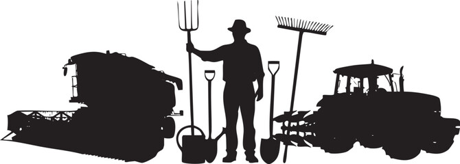 Fototapeta premium isolated need farmer uses kinds of working equipment set silhouette on white background