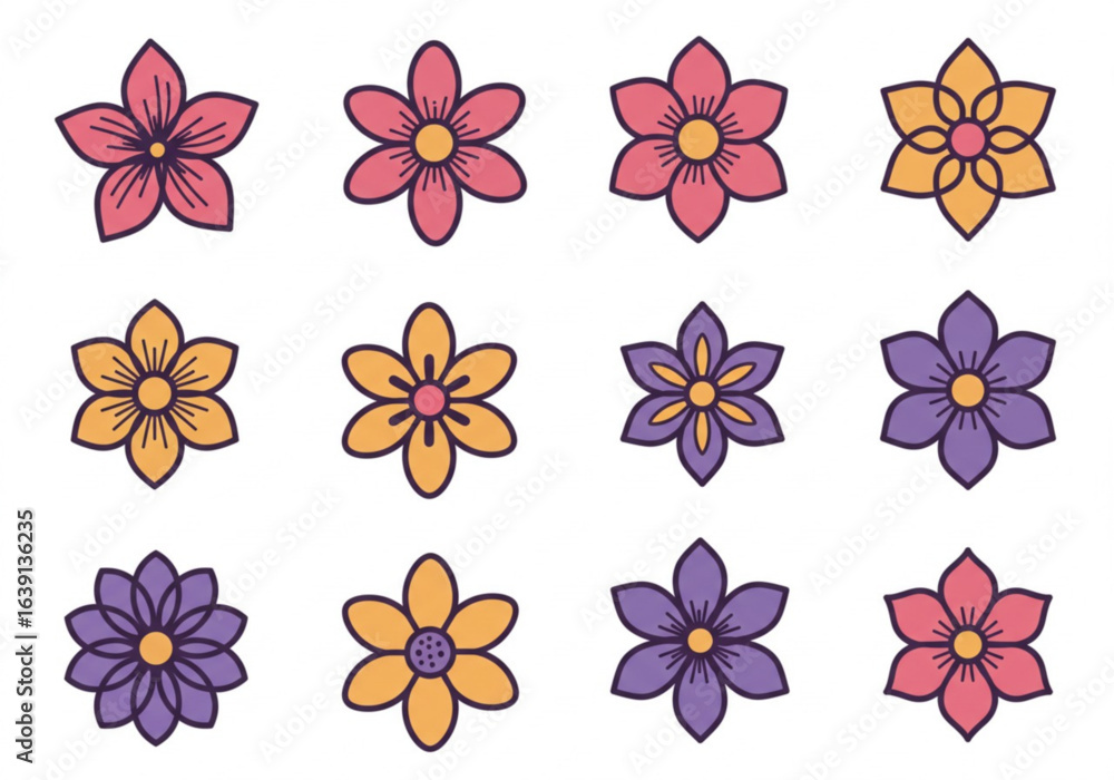 Poster vector art of collection of twelve different colorful flower icons isolated on white background