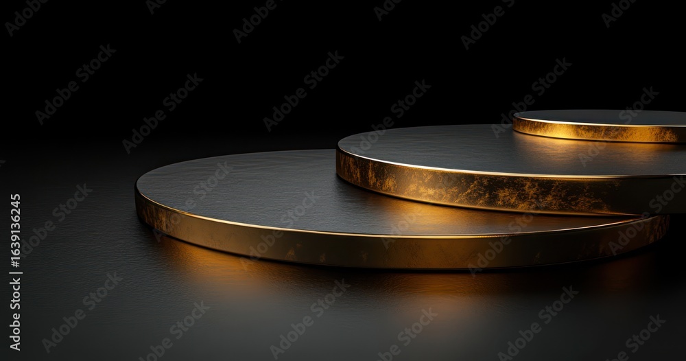 Poster stack of three black circular platforms with glowing gold edges on a dark reflective surface creatin