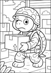 anthropomorphic animals, coloring page, A turtle transports supplies, keeping the army well-stocked.