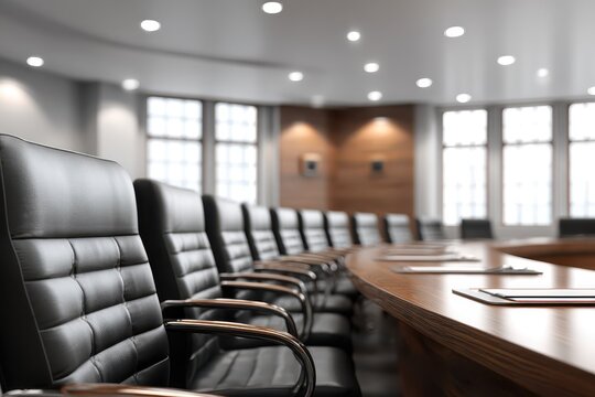 Conference room setup with multiple chairs arranged around a long wooden table, bright lighting creating an inviting atmosphere for meetings and discussions