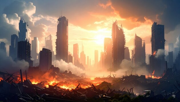 Post-apocalyptic cityscape with ruined buildings and fire depicting dystopian future and environmental collapse - Powered by Adobe