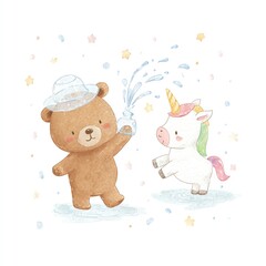 Naklejka premium Adorable Watercolor Bear and Unicorn Playfully Splash Water, Creating a Magical, Whimsical Scene of Joyful Friendship.