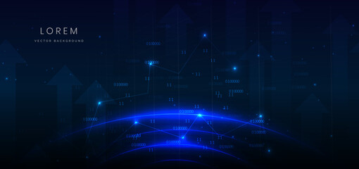 Arrow up finance chart stock market growth glowing light effect on dark blue background.