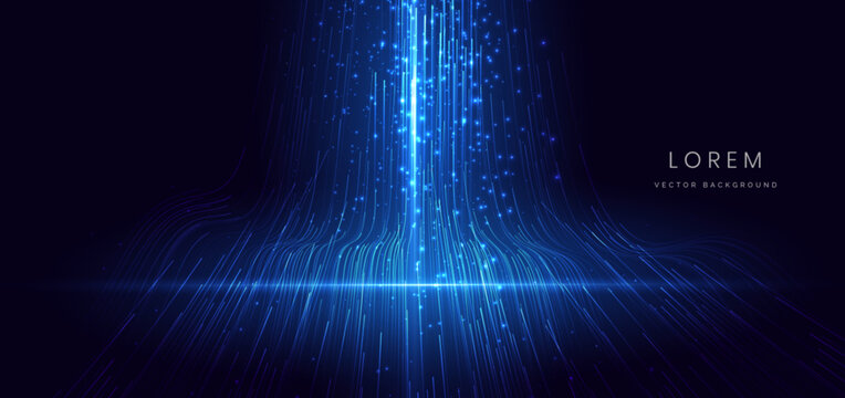 Futuristic glownig blue vertical lines with lighting effect and sparkle on dark blue background.