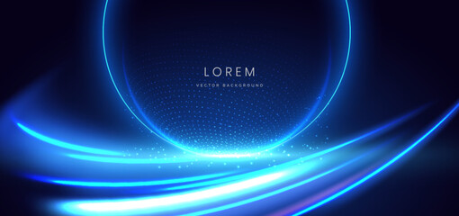 Blue dot glowing circle with lighting effect and sparkle on dark blue background.