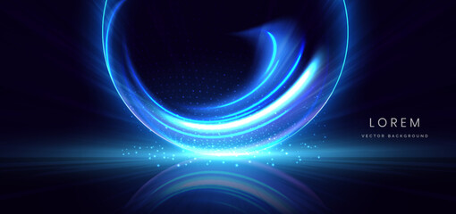 Blue curve ray glowing circle with lighting effect and sparkle on dark blue background.
