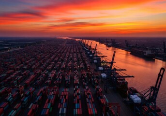 Vast container port at sunset with fiery orange sky