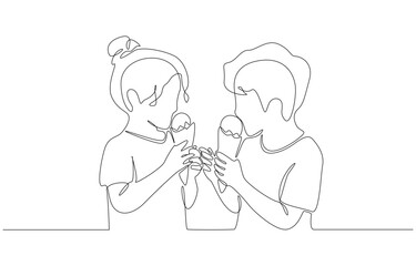 Continuous one line drawing of two children sharing ice cream cones, childhood and friendship concept, single line art