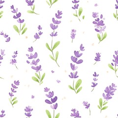 Elegant Lavender Floral Pattern Delicate purple flowers and green leaves on a pristine white background create a serene and calming aesthetic.