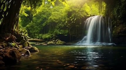 A vertical waterfall falling into a serene lake, surrounded by vibrant spring jungle, full of blooming leaves, rocks covered in moss and warm rays creating magical atmosphere 