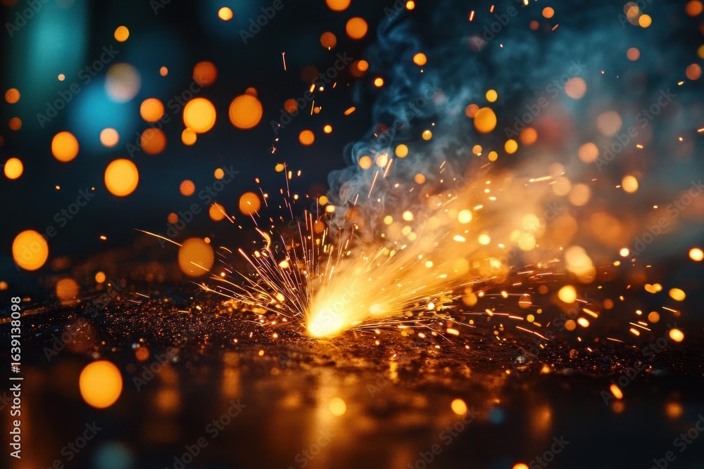 Poster Bright orange sparks bursting outward with glowing bokeh lights and smoke rising in a dark environment creating a dynamic and fiery scene