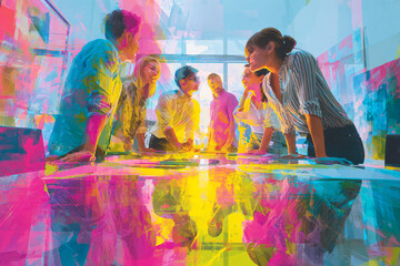 Creative team brainstorming with vibrant abstract art style in a meeting room Keywords: meeting