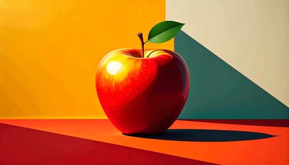 Digital illustration of fresh red apple with green leaf on colorful geometric background in yellow, red, and teal, with long shadow