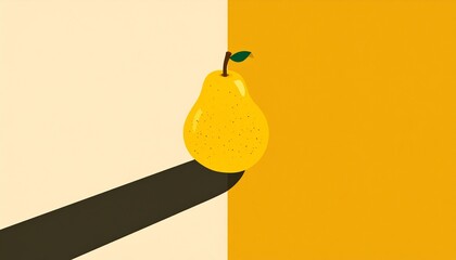 Minimalist illustration of yellow pear with small green leaf on two-tone yellow and beige background with long shadow