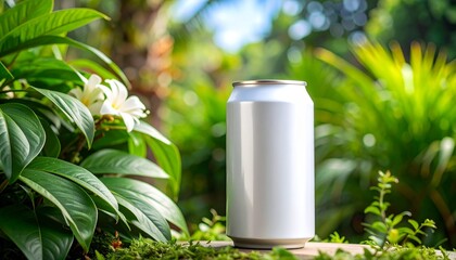 White Beverage Can Mockup in Tropical Garden