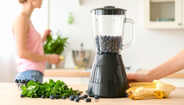 A girl is making smoothy with various fruits - Powered by Adobe