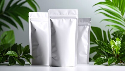 Three White Stand-Up Pouch Packaging Mockups with Tropical Leaf Background