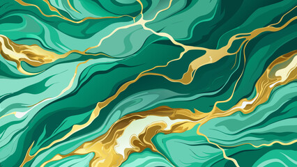 Vector art of abstract swirling green and gold liquid marble texture with flowing waves and elegant metallic lines, a luxurious and dynamic background