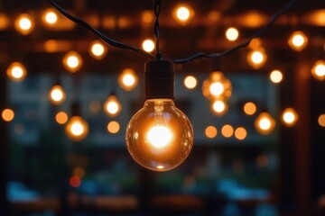 Close-up of a single glowing light bulb with multiple blurred warm string lights in the background creating a cozy and inviting atmosphere